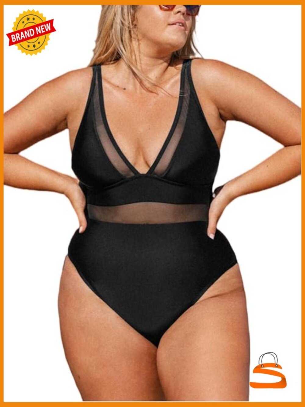 Plus Size One Piece Swimsuit V-Neck Mesh Tummy Control Bathing Suit
